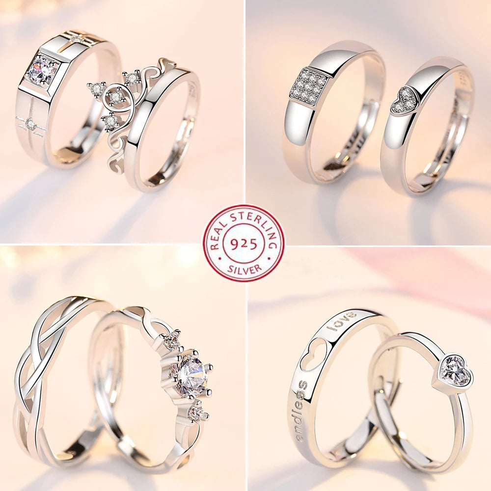 2Pcs 925 Sterling Silver Couples Ring Sets for Woman Man Wedding